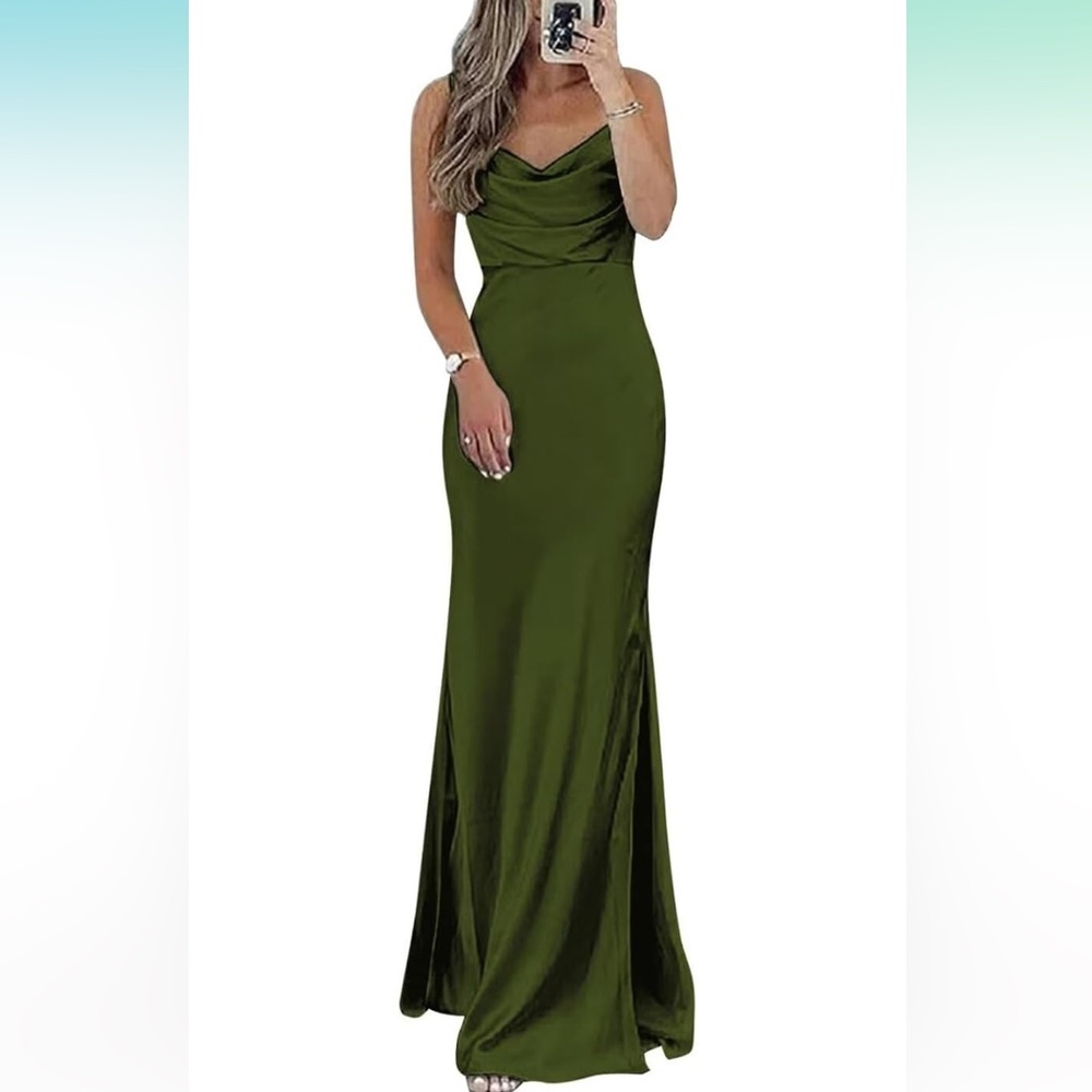 *Brand New/Never Worn* Dark Green Satin Dress with tie back